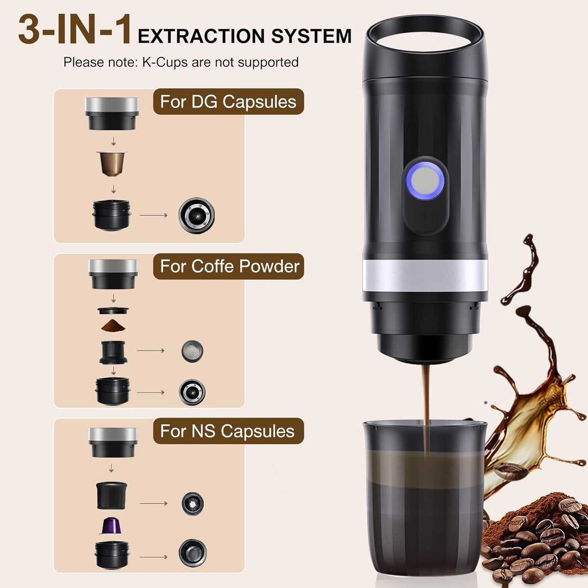 3-in-1 Portable Coffee Maker Fits For Ground Coffee & Capsule Pod(NS&DG),9600mAh&20Bar Mini Battery Espresso Machine For Camping, Office, RV, Travel