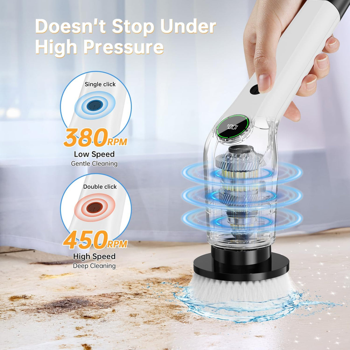 Electric Spin Scrubber, Cordless Shower Scrubber with 8 Scrub Brush, 2 Speed with Adjustable Extension Handle, Battery Level Display