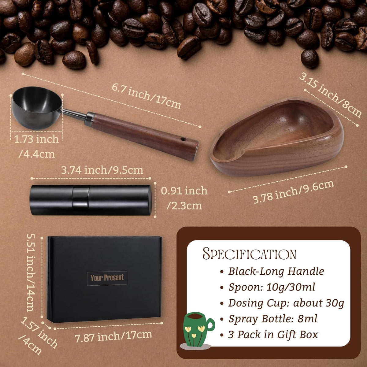 3pcs Coffee Bean Dosing Cup Set with Gift Box, Dosing Walnut Wood Cups Stainless Steel Spoon Portable Spray Bottle Static Reduction Precise Measuring