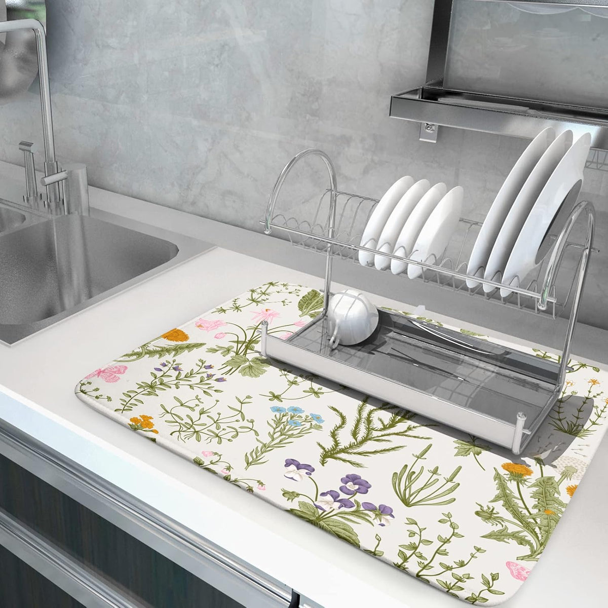 Wild Flowers Plant Dish Drying Mats for Kitchen Counter 16x18 Inch,Sage Herbs Kitchen Drying Mat,Botanical Plant Dishes Pad Dish Drainer Rack Mats Absorbent Fast Dry Kitchen Accessories