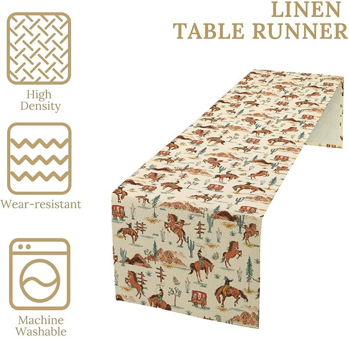 Western Cowboy Table Runner, Rustic Country Cowboy Riding Horse Desert Table Runner for Home Kitchen Dining Patio Indoor Farmhouse Coffee Outdoor 13x108in