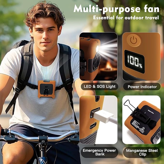 FANSYJKJ Portable Fan Wearable Personal Fan with 5 Speed Max 55 Working Hours Low Noise Portable Neck Fans Cooling Waist Fans for Camping Traveling LED Light Power Display 10000mAh Power Bank(Orange)