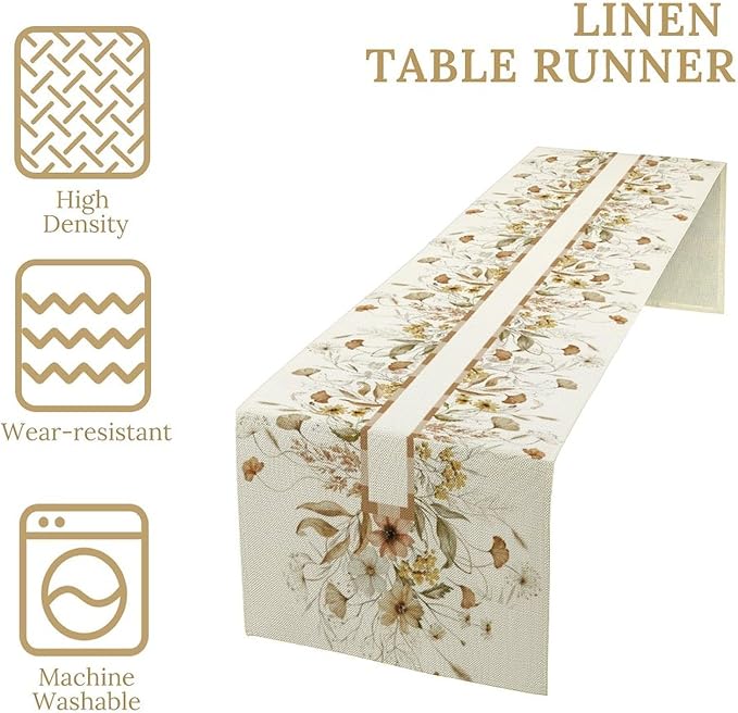 Autumn Wildflower Table Runner, Fall Yellow Flowers Leaves Thanksgiving Table Runner for Holiday Indoor Outdoor Home Party, 13x120inch