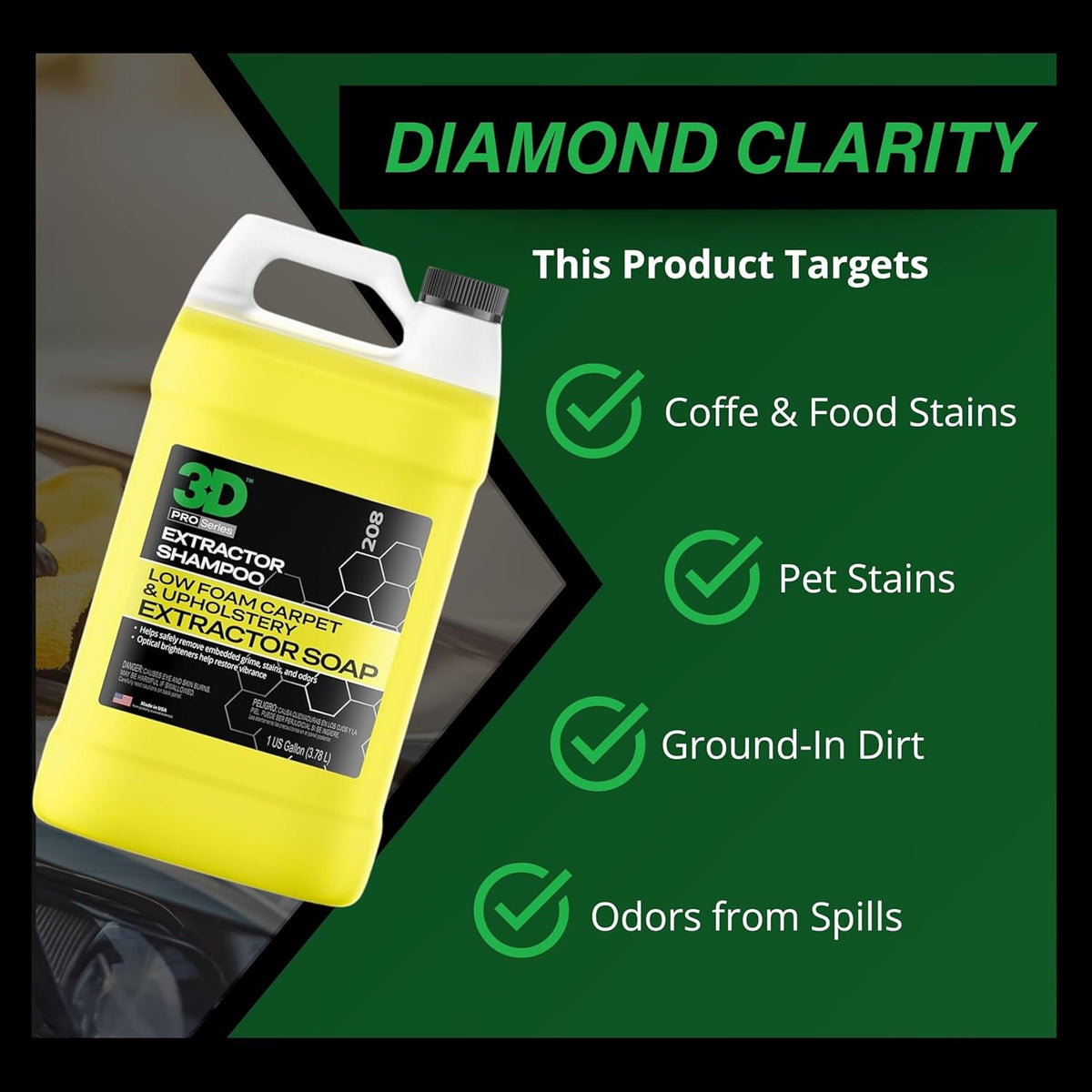 3D Extractor Carpet Cleaner Shampoo for Machine Use - Upholstery Cleaner, Stain Remover & Odor Eliminator - Low Foam, No Residue Formula 1 Gallon