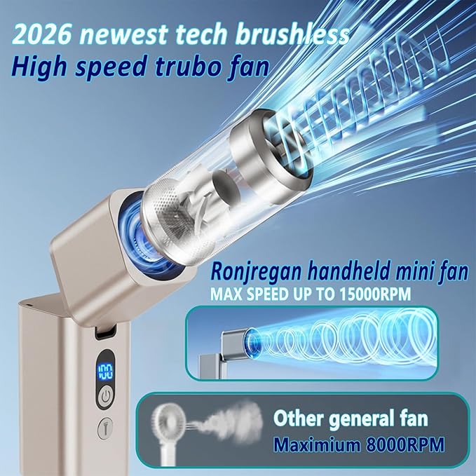 Metal Portable Mini handheld fan 1-100 speed 15000RPM,Rechargeable Pocket Personal Handheld Turbo Fan 5000mAh with Flashlight,Small Hand Held Fan for Travel Camping Beach,Gifts for Women (Gold)