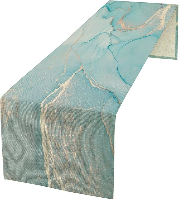 Turquoise Aqua Marble Table Runner, Modern Teal Watercolor Print Table Runner for Coffee Dining Party Wedding Kitchen 13x60in
