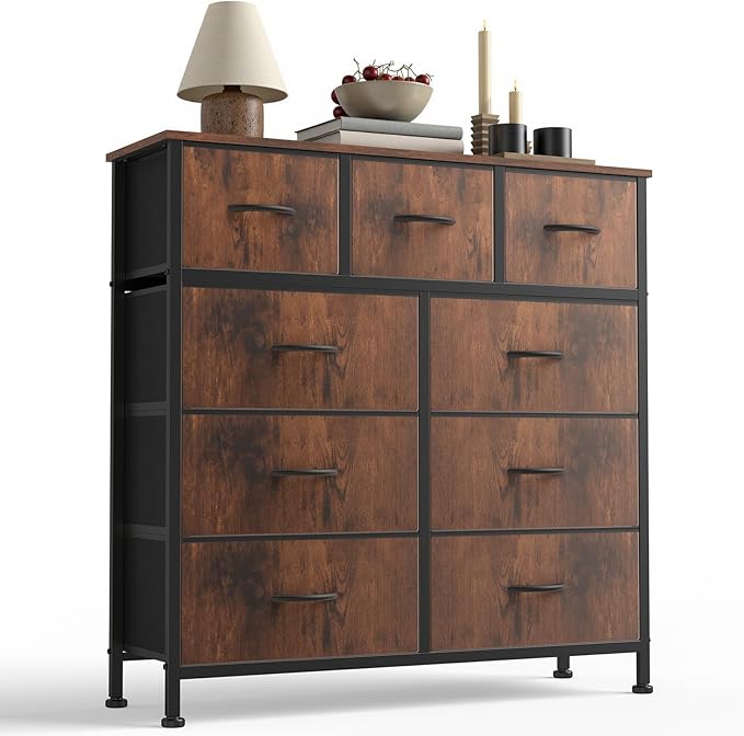 Sweetcrispy 9-Drawer Fabric Dresser Storage Tower with Wood Top and Steel Frame, Organizer Chest with Easy Pull Handles for Bedroom, Closet, Hallway,Distressed Brown