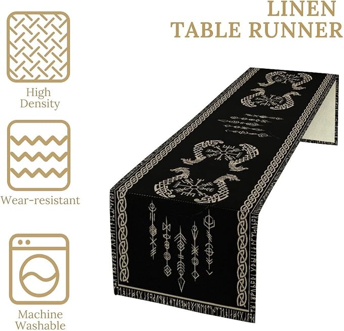 Viking Table Runner, Raven Ancient Rune Dragon Totem Norse Mystical Geometric Table Runner for Kitchen Dining Party Holiday Banquet 13x36in