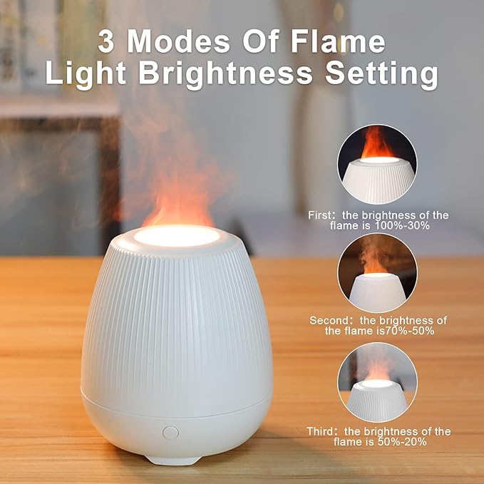 Flame Oil Diffuser, 200ml Aromatherapy Diffuser, Essential Oil Air Diffuser with 3 Modes of Fire Light Personal Humidifier Auto-Off for Office Yoga Bedroom Spa Gym,Super Quiet (White)