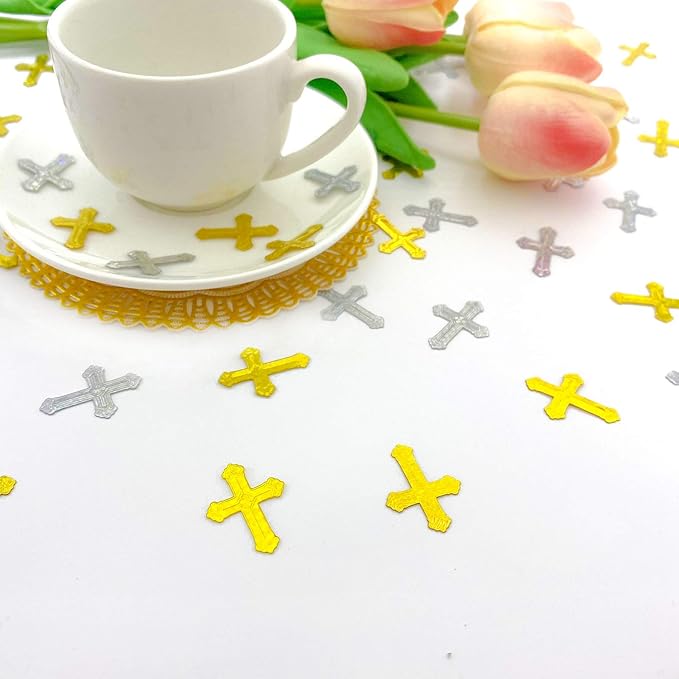 Cross Confetti Glitter Confetti Sprinkles for Bridal Baptism Thanksgiving Memorial Day Festival Decorations | Metallic Foil | 45g 1.6OZ 1000Pcs (Sliver Gold)