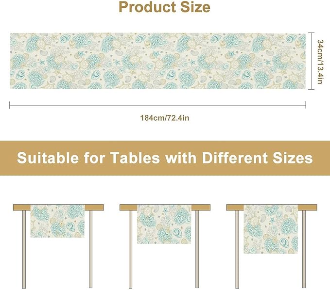 Ocean Coastal Table Runner, Nautical Summer Beach Coral Sea Turtle Table Runner for Kitchen Coffee Dining Bedroom Living Room Dinner 13x60in