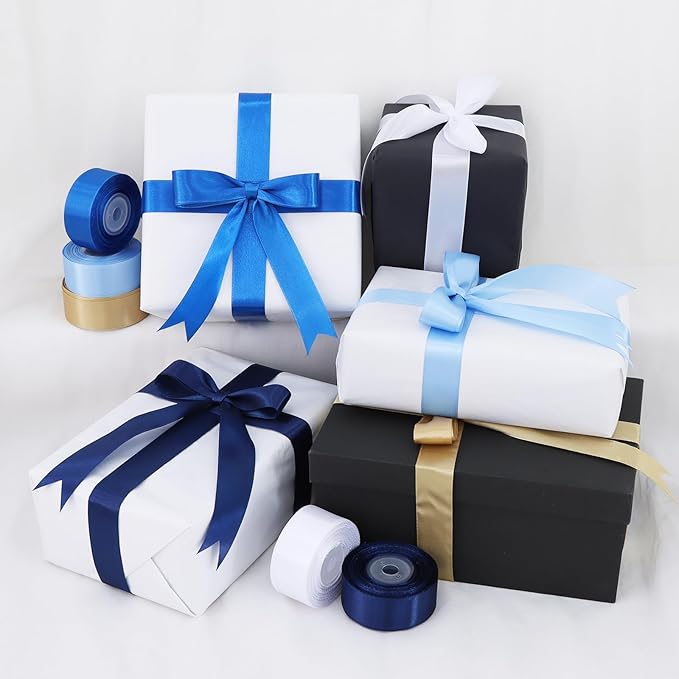 TONIFUL 1 Inch 5 Rolls Blue Gold White Ribbon, Assorted Graduation Satin Ribbons for Gifts Wrapping, Flower Bouquets, Bows, Crafts,Birthday, Graduation Leis, Baby Shower Decoration(25 Yards/Roll