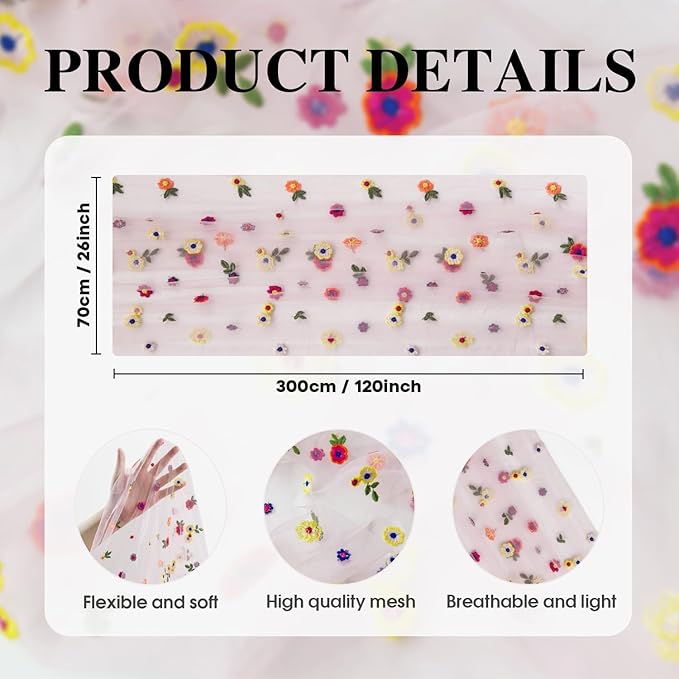 Artoid Mode 6PCS Pink Embroidery Daisy Gauze Table Runner 120 Inch 10FT, Seasonal Sheer Kitchen Dining Holiday Wedding Birthday Table Decor for Home Party