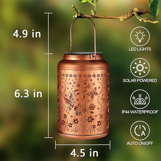 2 Pack Solar Lanterns Outdoor Waterproof, Butterflies Garden Decor Gifts for Women Mom Grandma Hanging Solar Lights Metal Decoration Outside for Yard, Patio