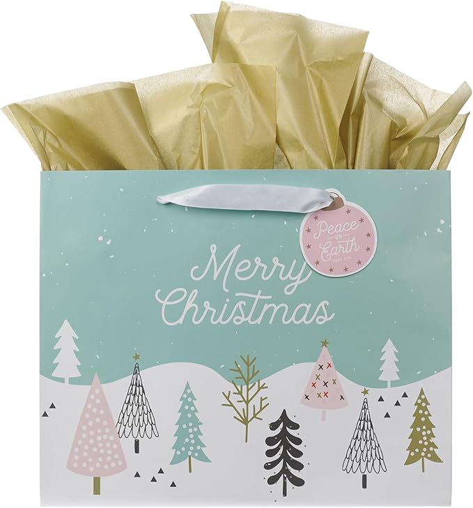 Christian Art Gifts Large Landscape Inspirational Scripture Holiday Gift Bag, Tag & Wrapping Tissue Paper Set for Women: Merry Christmas, Cute Sturdy Satin Ribbon Handles, Teal/Pink Pastel Multicolor