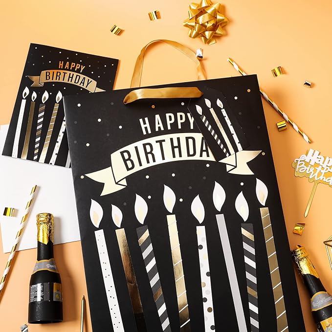 Loveinside Black and Gold Birthday Gift Bag with Tissue Paper, Gift Card for Birthday, Baby Shower, Party, and More - 12" x 16" x 5.7", 1 Pcs