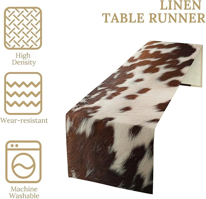 Cow Print Table Runner, Western White Brown Cowhide Rustic Coffee Table Runner for Home Kitchen Dining Room Farmhouse 13x90in