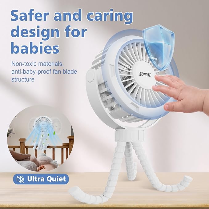 SOPOKE Mini Portable Baby Stroller Fan,3 Speed Personal Handheld Fan,Battery Operated Rechargeable 360° Flexible Tripod Cooling Fan, Suitable for Car Seat Crib Treadmill Golf Cart Travel(Yellow)