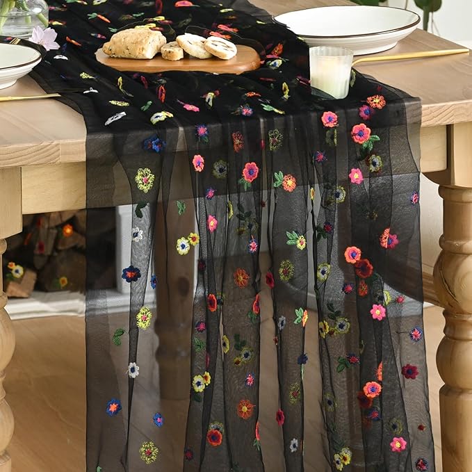 Artoid Mode Black Embroidery Daisy Spring Gauze Table Runner 59x120 Inch 10FT, Seasonal Sheer Kitchen Dining Holiday Wedding Birthday Table Decor for Home Party