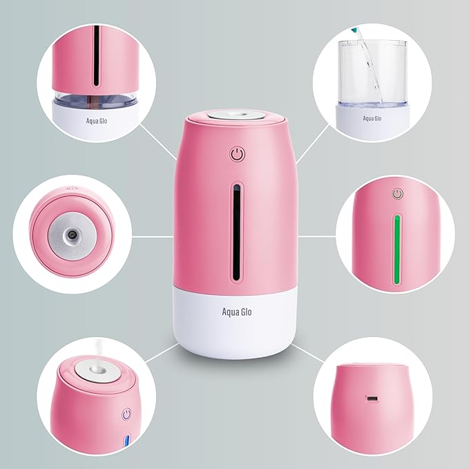 Aqua Glo Personal, Portable Humidifiers for Bedroom – Ultrasonic Cool Mist Humidifier with Built In Rechargeable Battery. Air Humidifier for Baby, Plants, Home, Office, Travel. Rose Quartz