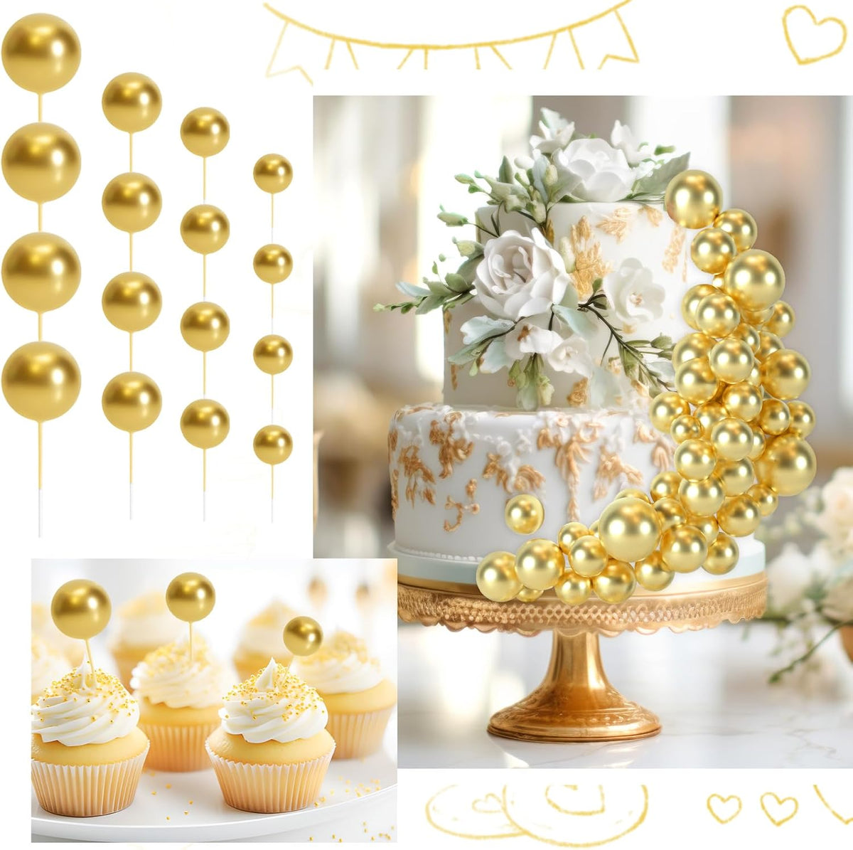 48 Pcs Gold Balls Cake Topper Decorations Balloon Cupcake Toppers Foam Cake Topper Balls Cake Balls Decorations for Birthday Party Wedding Anniversary Cake Decorating