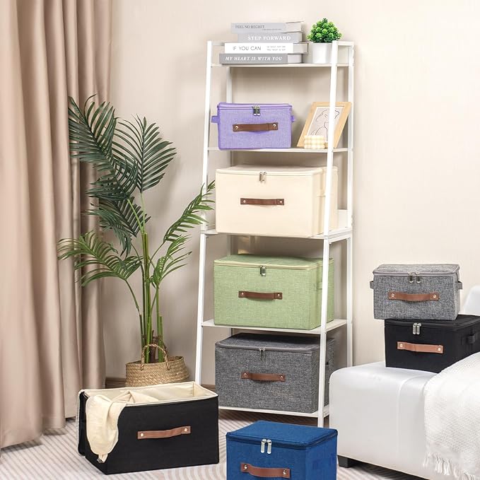 Storage Bins with Zipper Lid Foldable Fabric Lidded Storage Boxes Baskets Cubes Washable Collapsible PU Leather Handle Cotton Linen Shelves Closet Organizer Container(Dark Blue, Small Size)