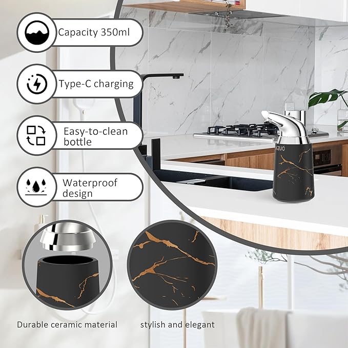 Automatic Soap Dispenser Touchless Ceramic Material Rechargeable Liquid 11.8oz/350ml Soap Bottle with Sensor Suitable for Bathroom & Kitchen