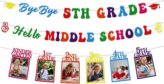 5th Grade Graduation Decorations - 3PCS Bye Bye 5th Grade Graduation Banners Photo Banner Decor, Colorful Primary Elementary School Congrats Grad Party Supplies (No-DIY)