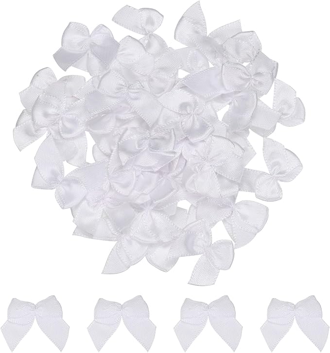 MECCANIXITY 50Pcs Mini Ribbon Bow 1" Mini Fabric Satin Ribbon Flower Bows for Craft DIY Sewing Wedding Birthday Party White