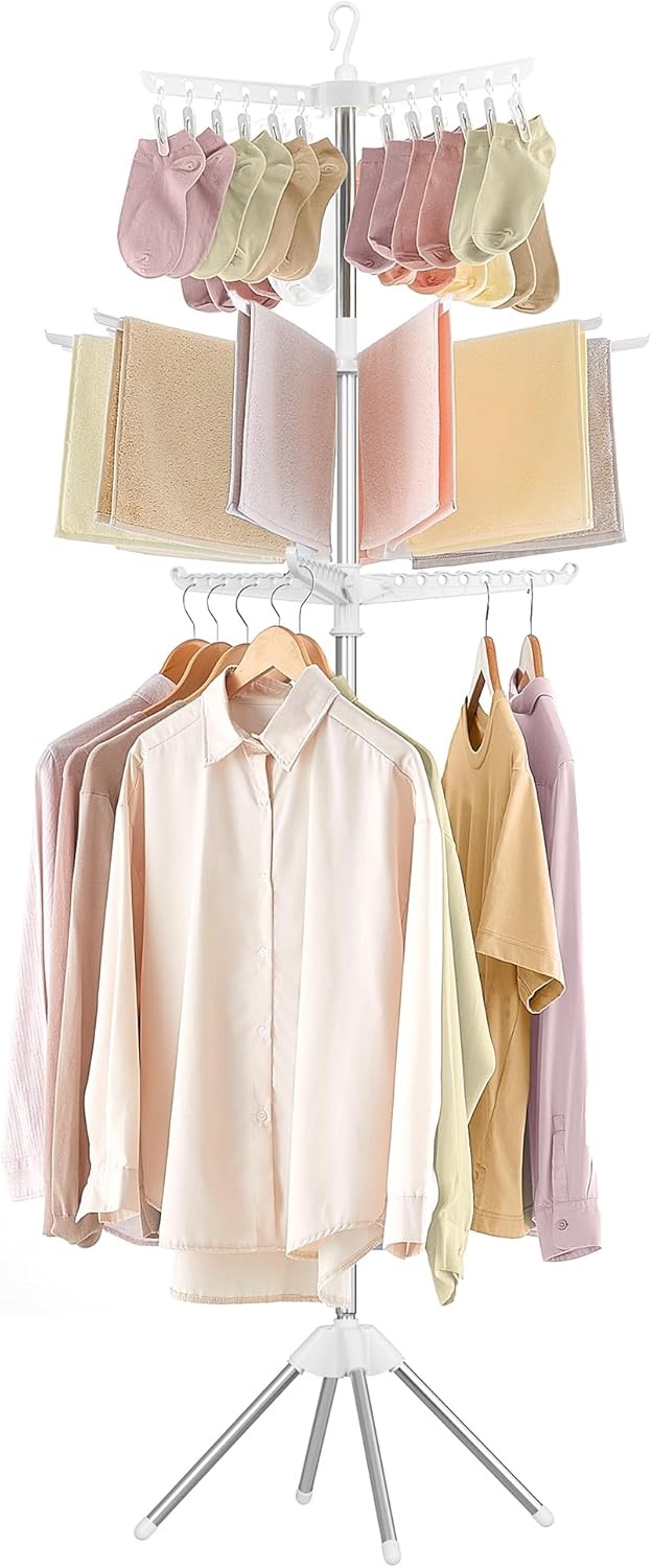 Songmics 3-Tier Clothes Drying Rack, 82.7-Inch Folding Laundry Drying Rack with 11 Rotatable Arms for Hangers, 24 Clips, Stainless Steel