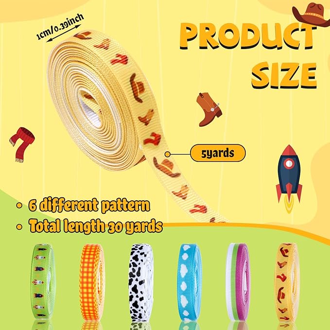 6 Pieces Cartoon Story Ribbon Set, Cowboy Space Adventure Theme Grosgrain Ribbons, 3/8inch Blue Sky White Cloud Ribbon, Yellow Plaid Printed Ribbons for Gift Wrapping DIY Birthday Party Favor