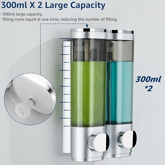 Pollock Shower Dispenser 2 Chamber No Drill Shampoo and Conditioner Dispenser for Bathroom, Large Capacity, Silver