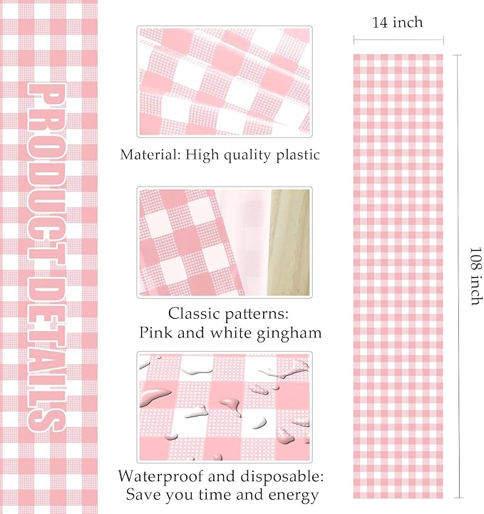 3 Pcs Light Pink and White Checkered Table Runner Plastic 14 x 108 Disposable Baby Pink Gingham Table Runner for Birthday Wedding Baby Shower Party Table Centerpiece Decorations
