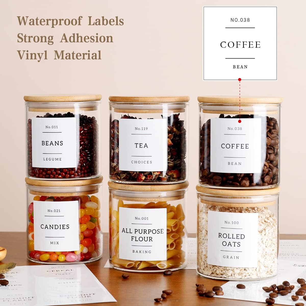 20 OZ Glass Food Storage Jars with 132 Pantry Labels Preprinted - 6 Pcs Thicken Glass Storage Containers with Airtight Bamboo Lid
