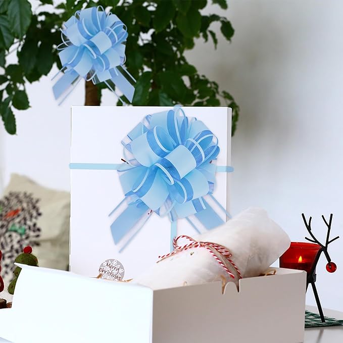 6pcs 7 Inch Pull Bows Pastel Blue Gift Wrap Bows for Gift Basket, Flower Wrapping, Christmas, Easter, Birthday, Baby Shower, Party Decorations