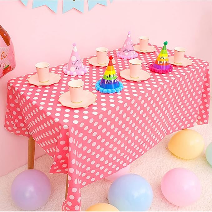 ZJDHPTY 3Pack Plastic Table Cloth Disposable for Rectangle Tables, Pink Polka Dot Table Cloths for Baby Shower Bridal Shower Mouse Birthday Party Decorations Size 54x108 Inch (Pink+White dots)