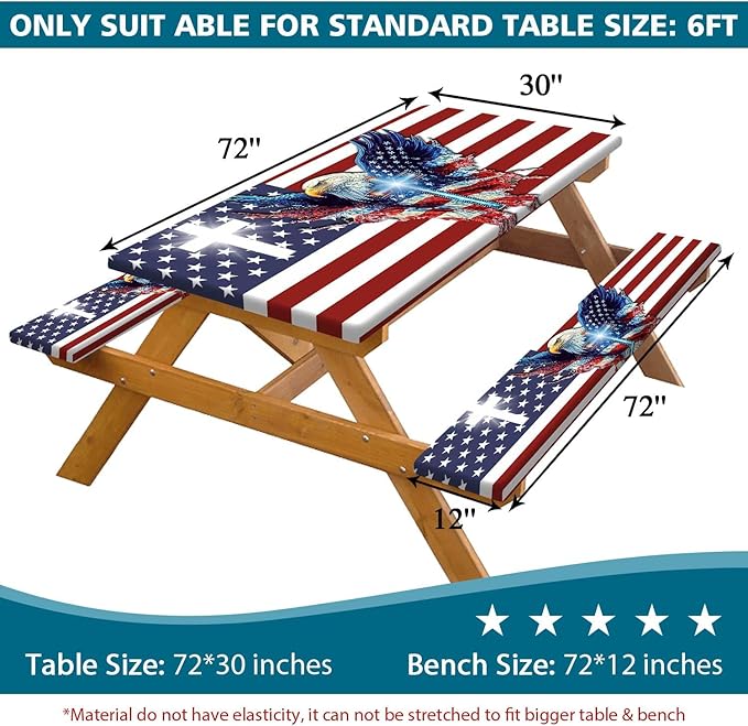 American Flag Picnic Table Cover with Bench Covers, USA Flag Art Eagle Camping Essentials Waterproof Table Cloth Fitted for Table Rectangle and Seats,Outdoor Table Covers with Elastic Windproof Edges