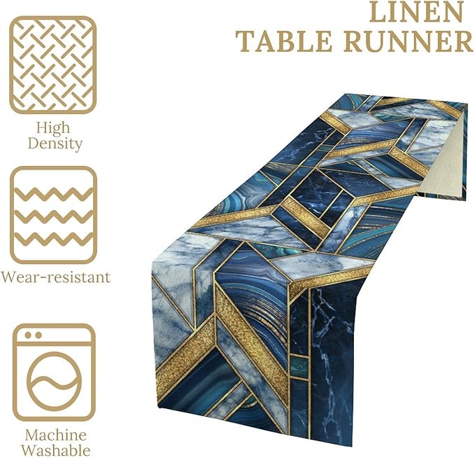 Marble Texture Table Runner, Dark Blue Gold Modern Mosaic Design Table Runner Decoration for Kitchen Family Dinner Table Holiday Party Farmhouse 13x36in