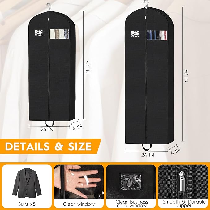 2-Pack Garment Bags for Storage & Travel - 60" & 43" Hanging Clothes Bags with 4" Gusset, Clear Window, Handle & ID Holder | Suit, Dress, Coat Covers for Closet Organization