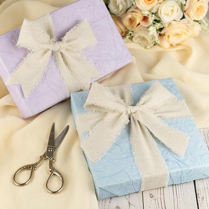 Linen Cotton Ribbon 1-1/2 Inch Linen 3 Rolls 21 Yards Frayed Edge Fabric Set for Rustic Wedding Decor, Bridal Bouquet Wrap, Farmhouse Decor, Table Setting & Gift Wrapping