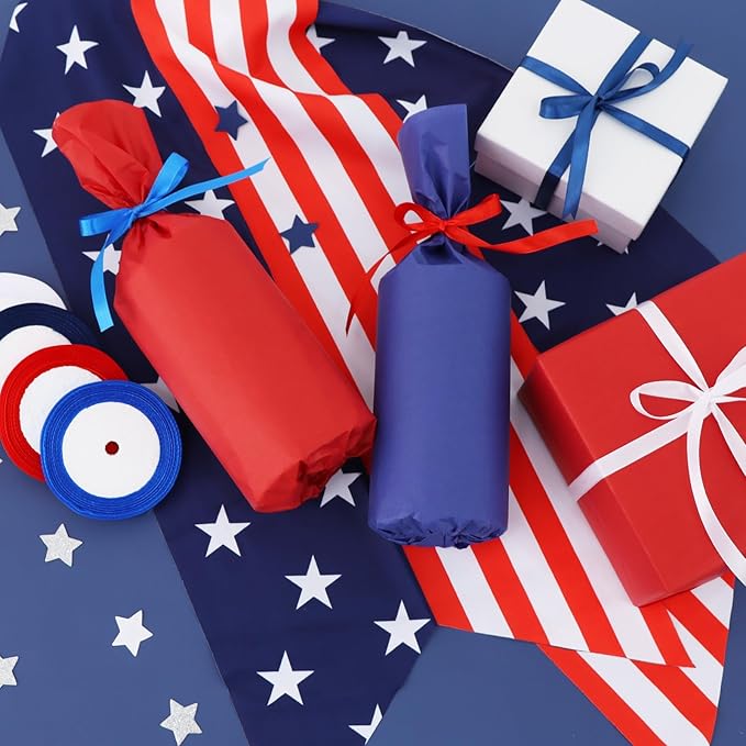 TONIFUL 4 Rolls 100 Yards Patriotic Ribbons, 3/8 Inch Wide Blue Red White 4th of July Satin Ribbons for Gift Wrapping, Independence Day Crafts, Patriotic Party Decorations