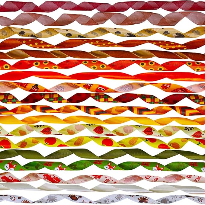 Supla 18 Rolls 90 Yards Assorted Fall Ribbons Bulk - Decorative Prints Grosgrain, Satin, Organza, Velvet 1" W for Season Wedding Festival Gift Wrapping Bows Crafts