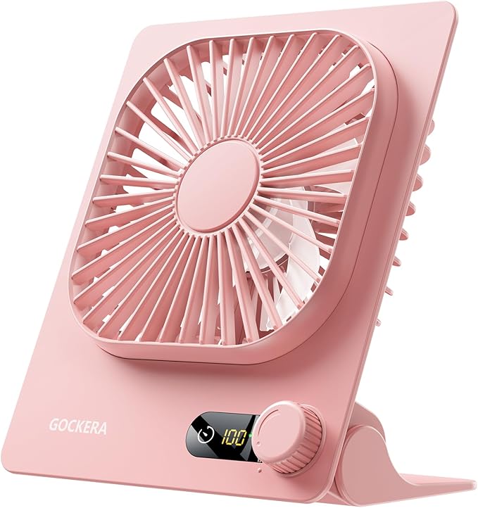 GOCKERA Desk Fan, 6.61''Ultra-thin Battery Powered Fan with Powerful Wind,100 Speeds Adjustable&Digital Display,Timer,Ultra-quiet Small Portable Fan for Bedroom,Office,Travel (Pink, 2000mAh)