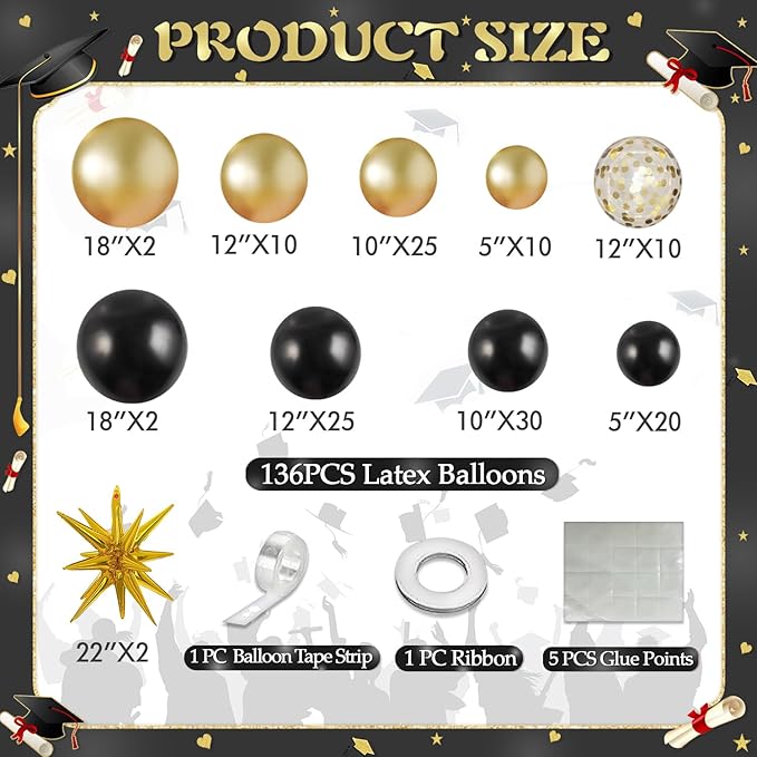 Black Gold Balloon Arch Kit Graduation Decorations 2026, 130Pcs Black and Gold Balloons and Foil Star Balloon with Confetti Ribbons Grad Party Decorations for College High School Class of 2026