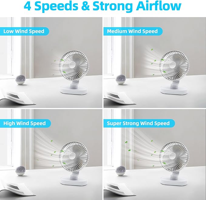 Small Oscillating Fan for Bedroom, 4000mAh Battery Powered Rechargeable Fan, 90° Vertical Manual and 120° Oscillating Desk Fan, 4 Speeds Air Circulator Fans, Quiet Table Fans for Home Office Travel
