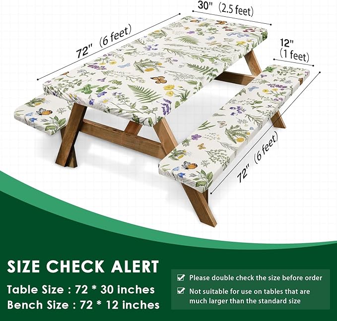 Picnic Table Cover with Bench Covers Elastic Edges, Wildflower Flower Camper Fitted Table Cover, Outdoor Camping Essentials 72 Inch 3PCS, Waterproof Camping Fitted Tablecloth with Drawstring Bag