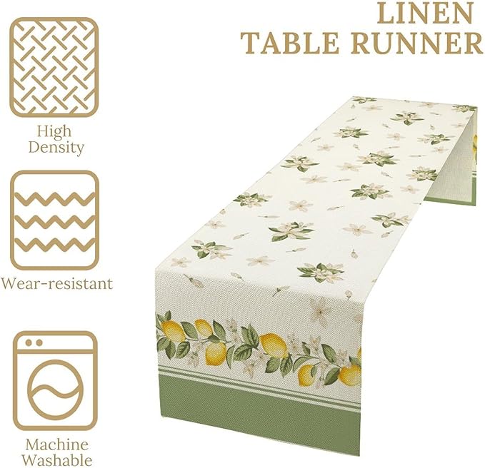 Lemon Spring Table Runner, Farmhouse Rustic Summer Flower Leaves Table Cover for Home Kitchen Dining Room Table, 13x70inch