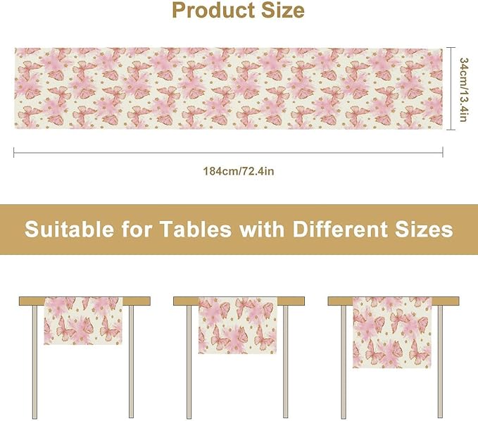 Watercolor Butterfly Table Runner, Cute Pink Butterfly Spring Modern Aesthetics Print Table Runner for Holiday Kitchen Dining Outdoor Home Party 13x108in