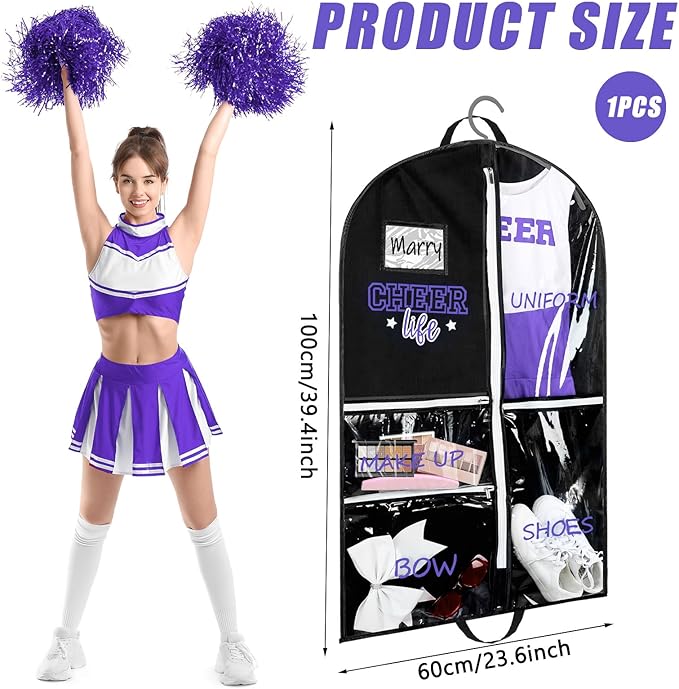 Blushtier Cheer Garment Bags for Cheerleading Uniform For Cheer Mom Waterproof Hanging Garment Bag for Dance Costumes 40 Inch Clothes Bag with 5 Pocket Travel Side Zip Storage Uniform(Black,Purple)