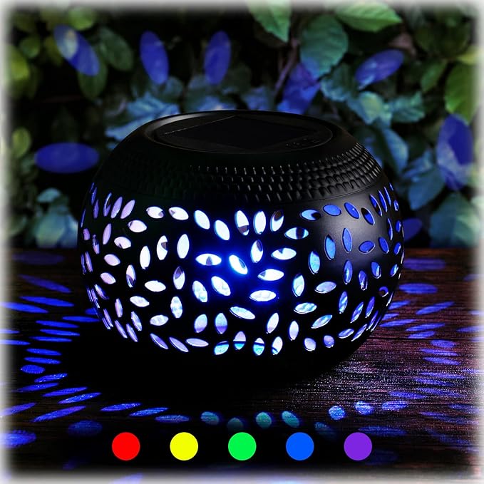 Reginary 1 Pcs Solar Lanterns Waterproof Outdoor Decor, Hollow Out Retro Metal Solar Lights 7 Color 2 Modes Decorative Atmosphere Table Lantern for Women Mom Gifts Patio Garden Pathway Yard (Black)